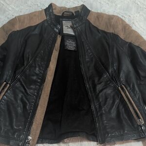 Women's Black and Tan Leather Bomber Jacket